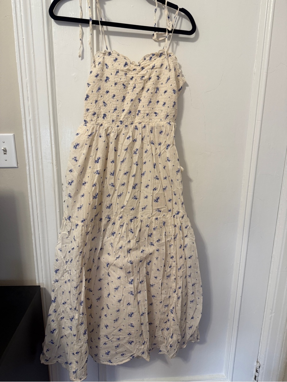 Cream Floral Smocked Maxi Dress with Blue Print